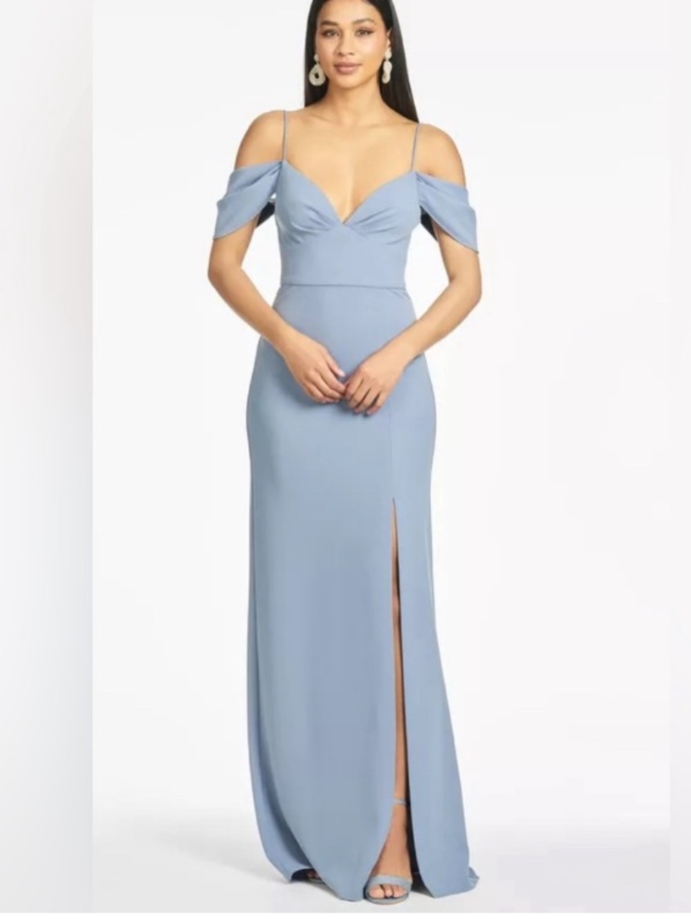 Sachin & Babi blue Brittany Off-Shoulder V-Neck Evening Gown Dress Sz 0 New